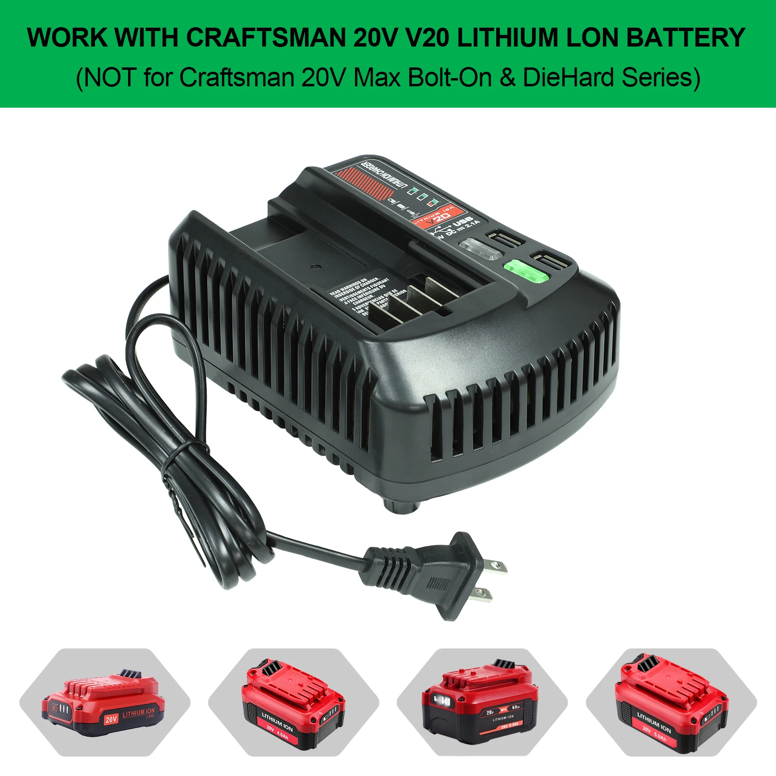 Fast Charger For Craftsman 20v 2A Li-ion Battery 100V/240V with 2 USB-A Ports Rechargeable Power Tools CMCB202 CMCB204 CMCB206