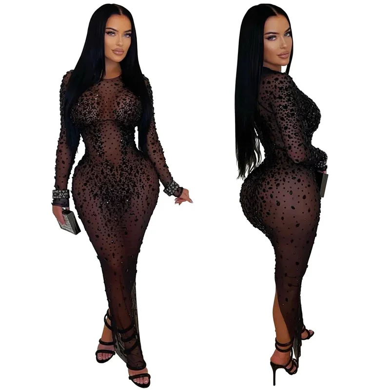 Doyerl Mesh See Through Zwarte Strass Jurk Luxe Sexy Vrouw Nachtclub Party Lange Mouw Terug Split Bodycon Maxi Jurken