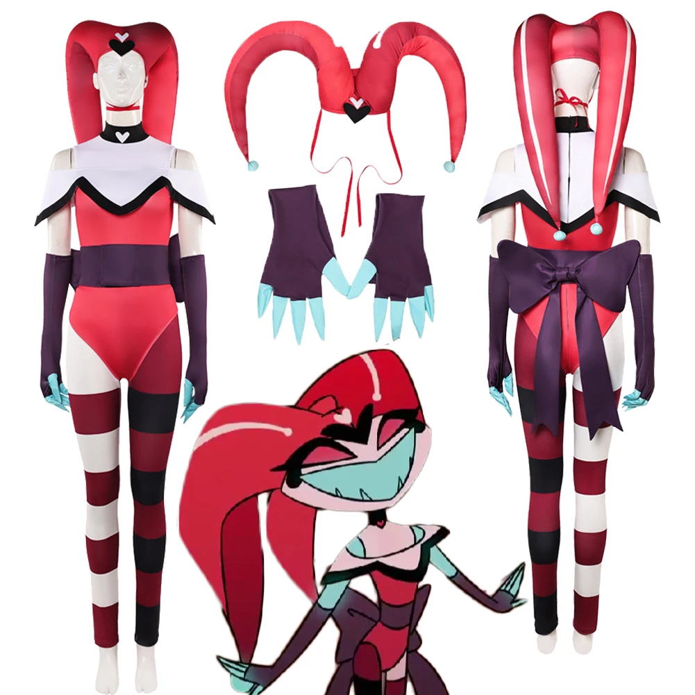 

Kitty TV Evil Leader Cosplay Red Jumpsuit Hat Striped Pants Costume Clothes Set Women Adult Halloween Outfits Carnival Party