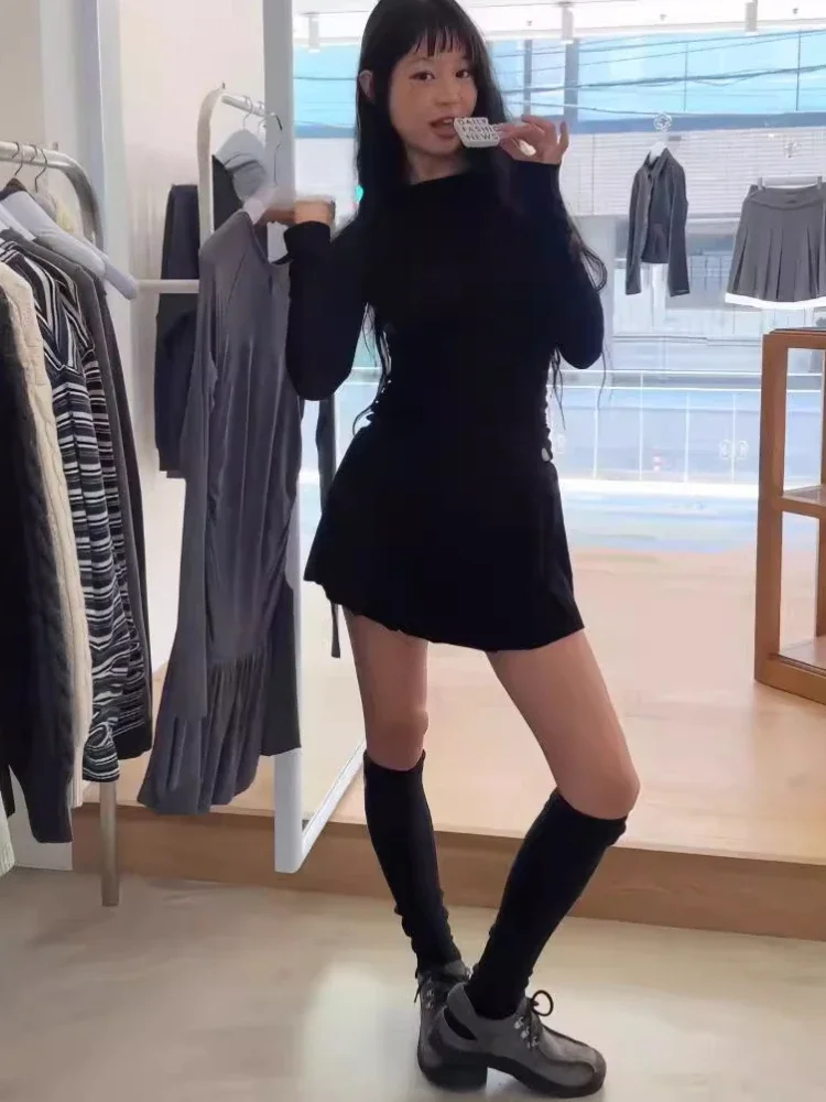 

Korean Casual Bodycon Grunge Dresses Streetwear Fairy Pleated Mini Vestidos De Mujer Y2k Aesthetic Solid Women Vintage Dress