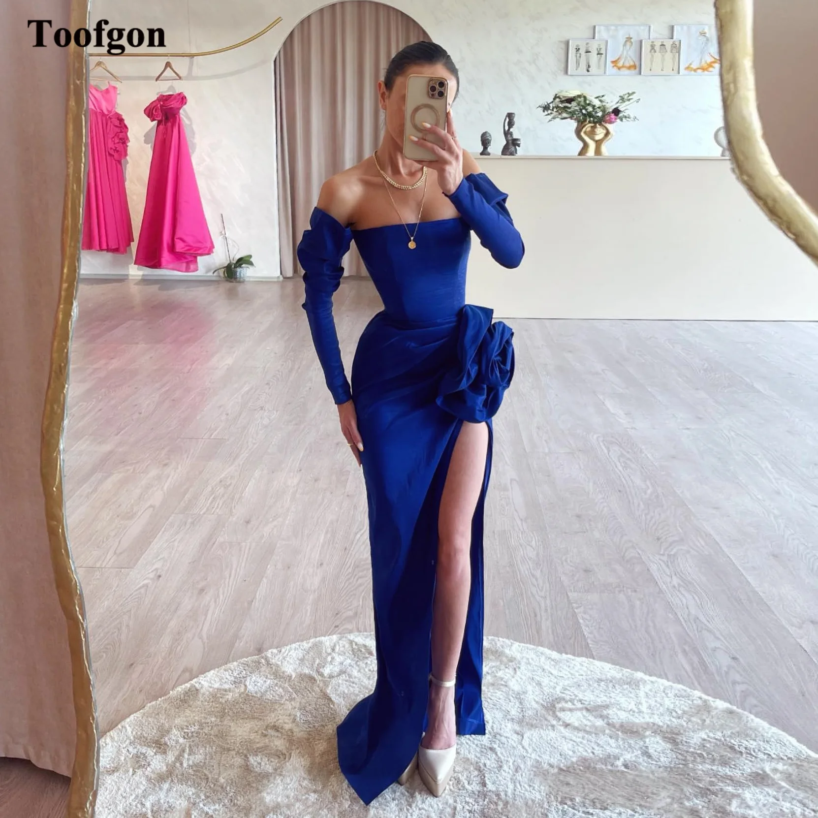 

Royal Blue Mermaid Evening Dresses Long Sleeves Women Flowers Split Side Satin Formal Prom Party Gowns Pageant Dress Customized