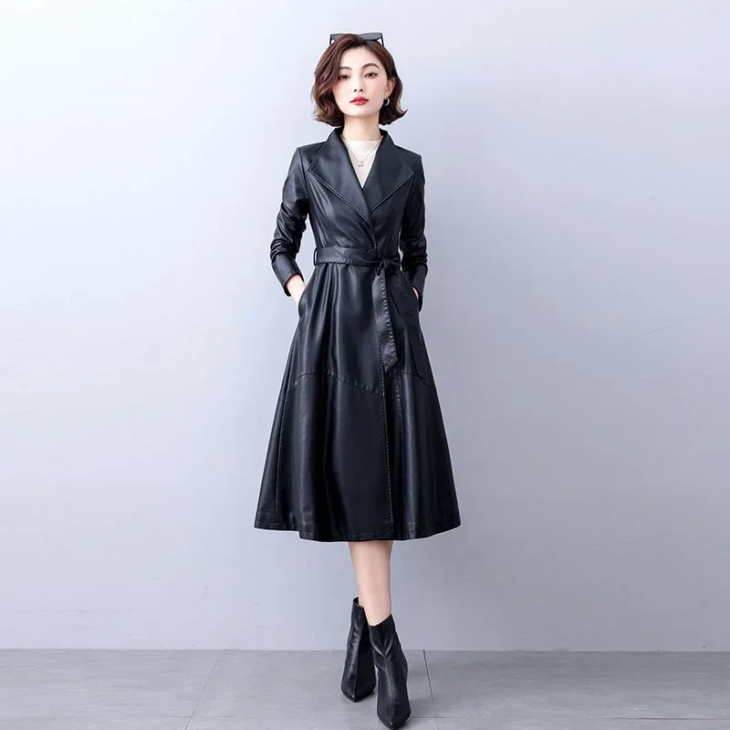 Outono inverno longo azul preto macio pele de carneiro couro trench coat para mulheres cinto contornado elegante moda luxo M-5xL