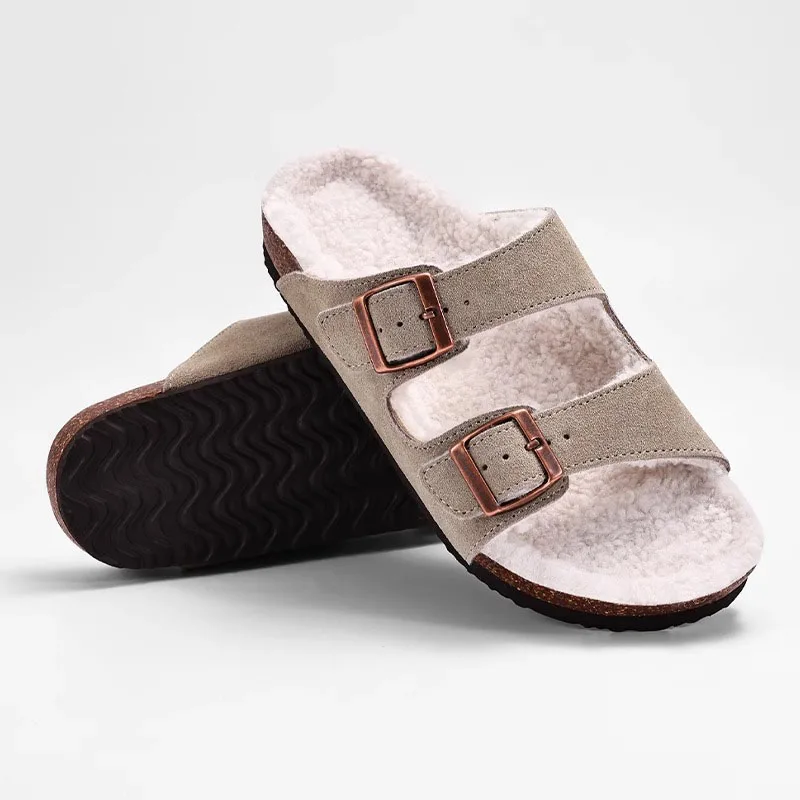 Pallene Vrouwen Fleece Gevoerde Kurk Slippers Winter Warm Pluche Platte Klompen Slippers Mode Bont Donzige Glijbanen Zacht Gezellig Huis Slippers