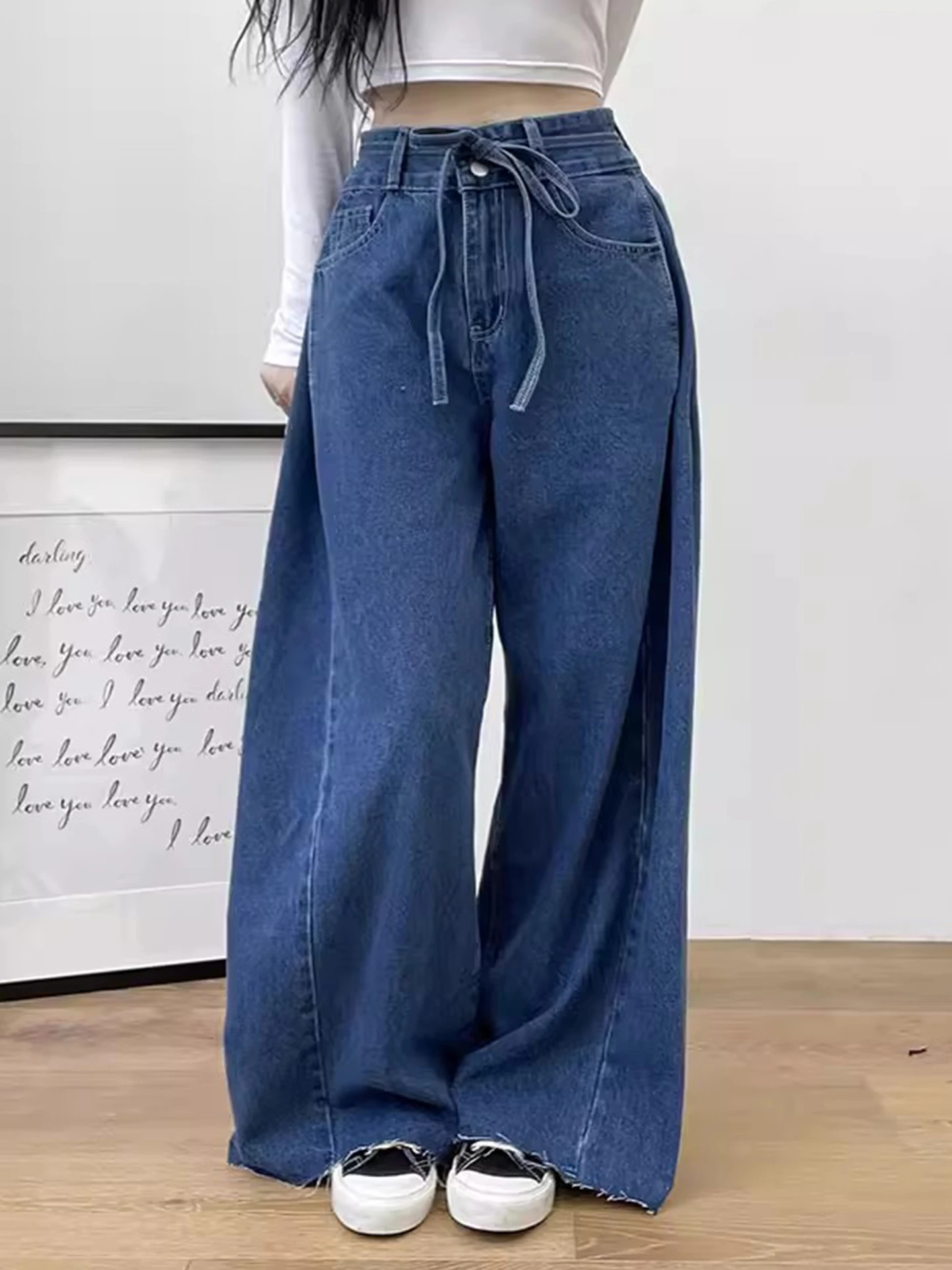 

High Waist Vintage Sle Pleated Belted Slimming Denim Jeans Women's Spring New Hanging Sensation Frayed Floor-Length Pants