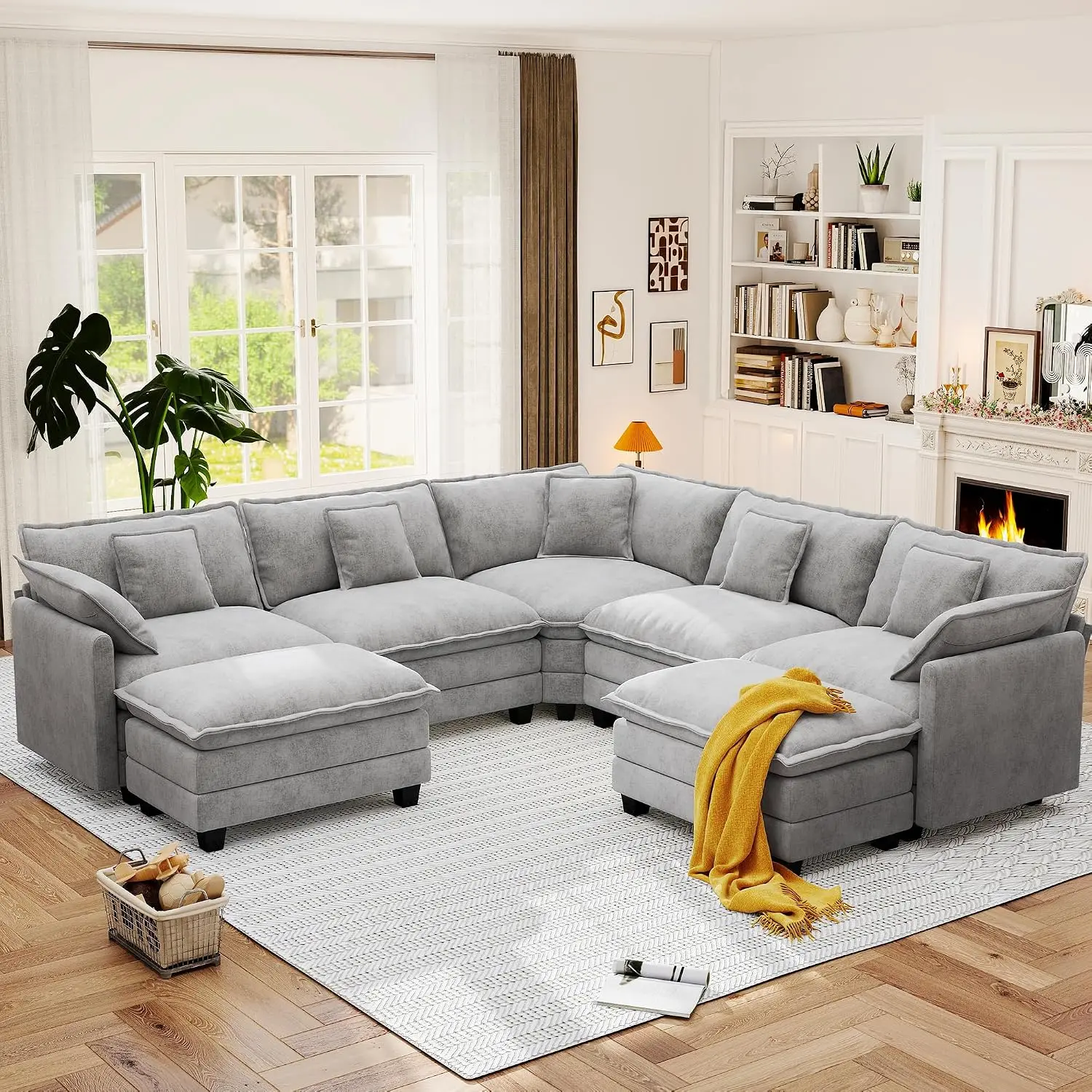 Modular Sectional Sofa Deep Seat Chenille Fabric with Throw Pillows & Movable Ottoman for Living Room Apartment, Customized