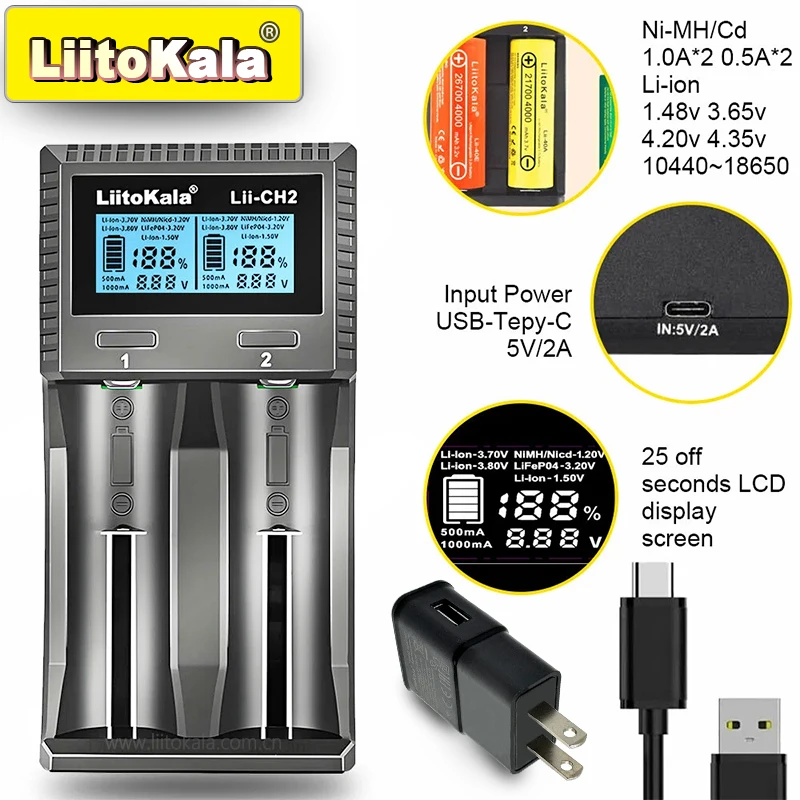 LiitoKala Lii-CH4 slimme oplader voor 18650/21700/26650/AA/AAA/Ni-MH/Li-ion, 1,2 V/1,5 V 4-slots snel opladen, USB-C, automatisch detecteren