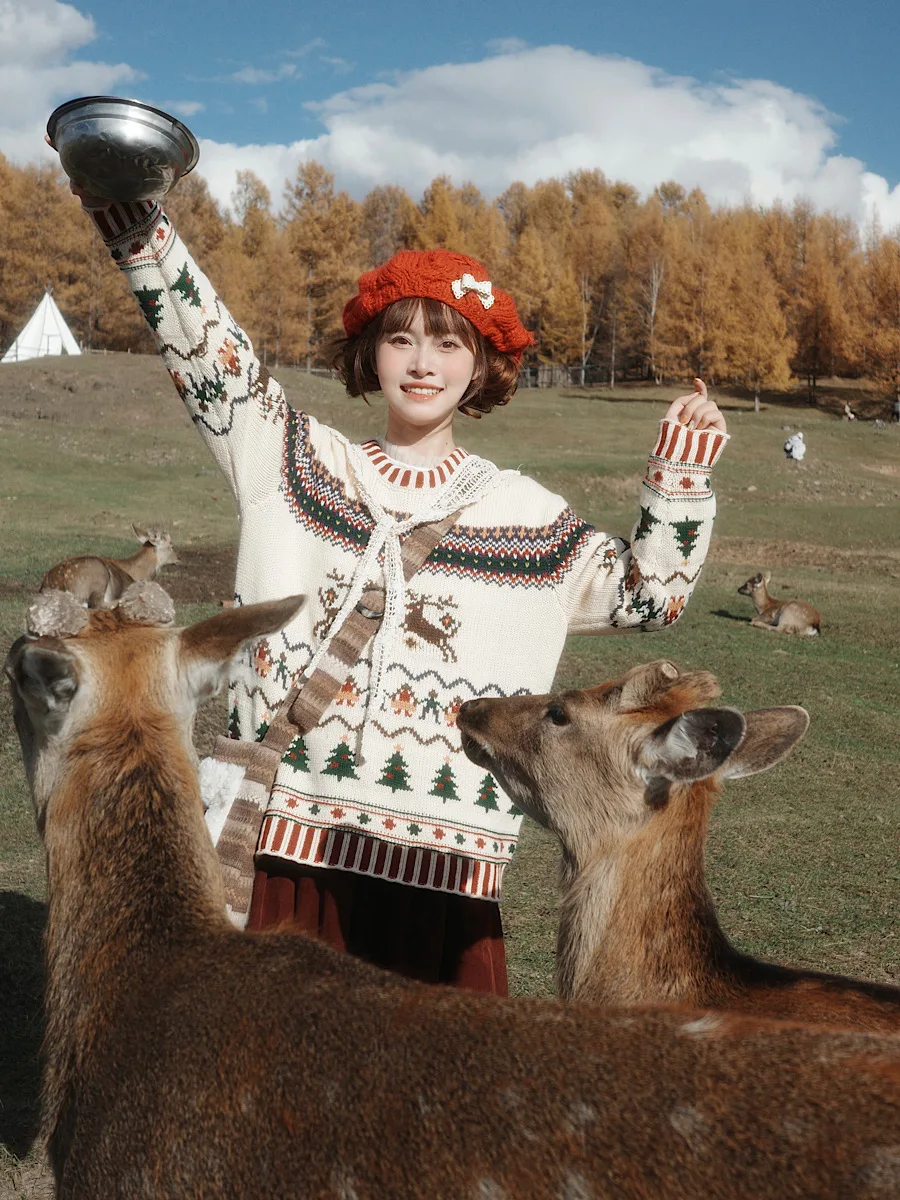 

Cisas Deer Loose Fair Isle round Ne Lazy Sweater Deer Forest Wild Bean Children's Fun Knitted Woolen Sweater Sweet Sle