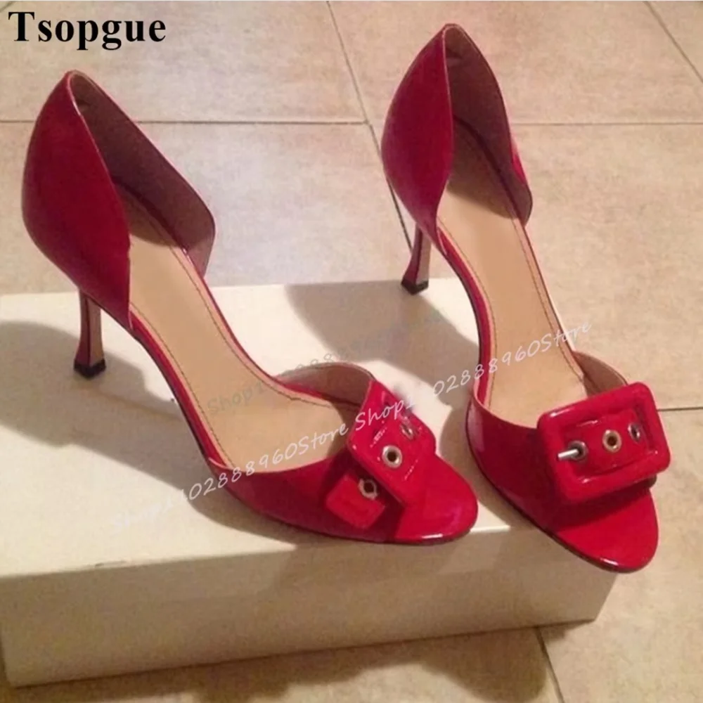 

Red Glossy Leather Buckle Strap Sandals Thin High Heel Shoes For Women Slip On Peep Toe Gorgeous Party Stylish Women Sandals