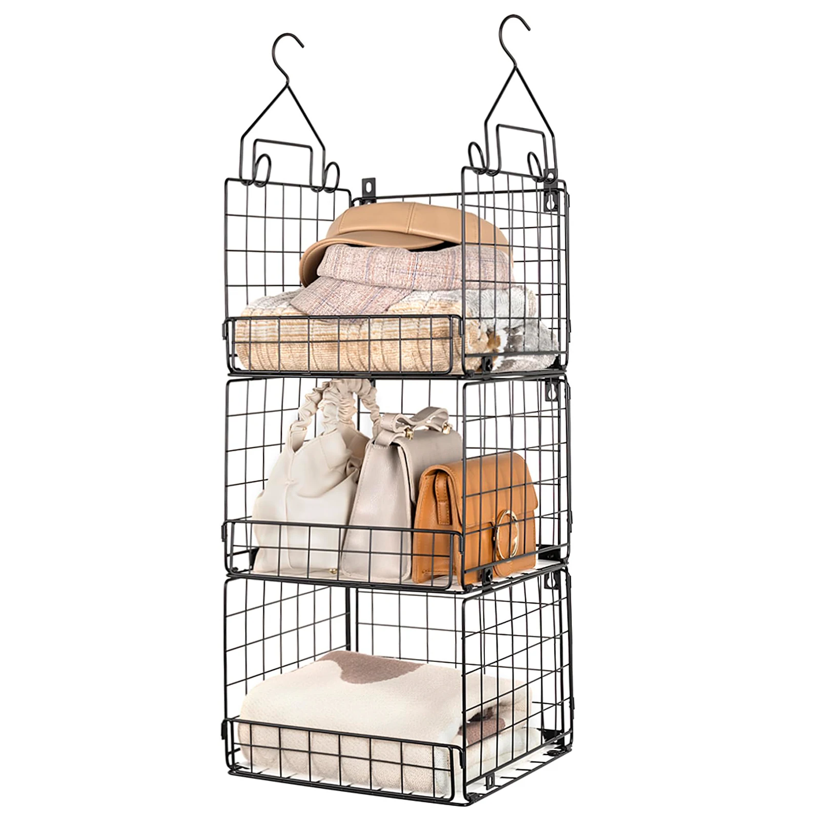 3 Tier Metal Wire Hanging Closet Organizers and Storage,with Pads Hooks,Hanging Shelves for Closet,Dorm,Wall Storage