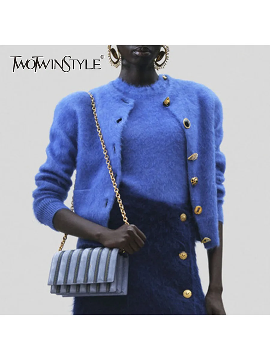 

TWOTWINSTYLE Solid Spliced Single Breasted Fashion Cardigans for Women Round Neck Long Sleeves Patchwork Pockets Cardigan Female