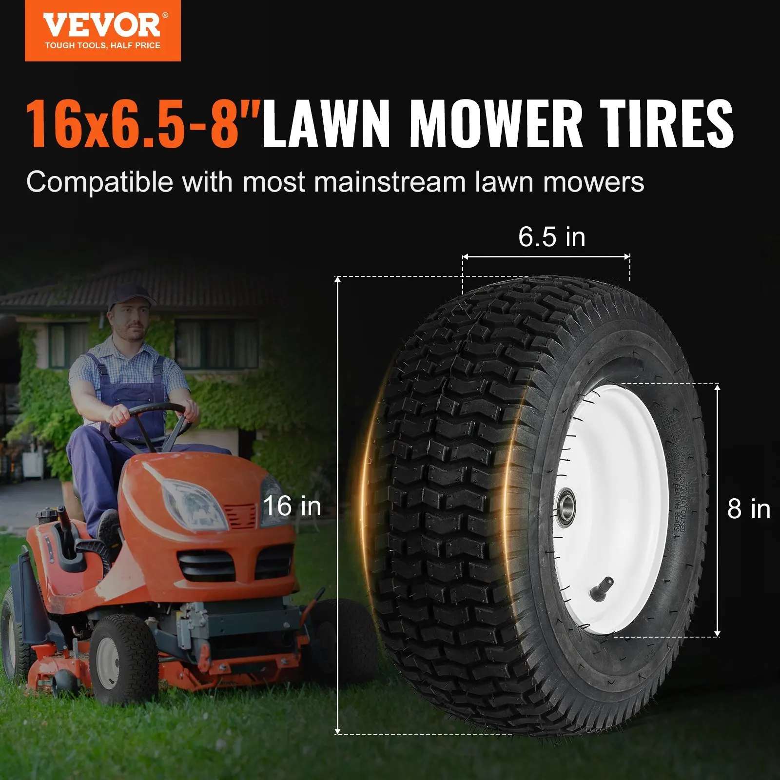 Lawn Mower Tires with Rim, 16x6.5-8