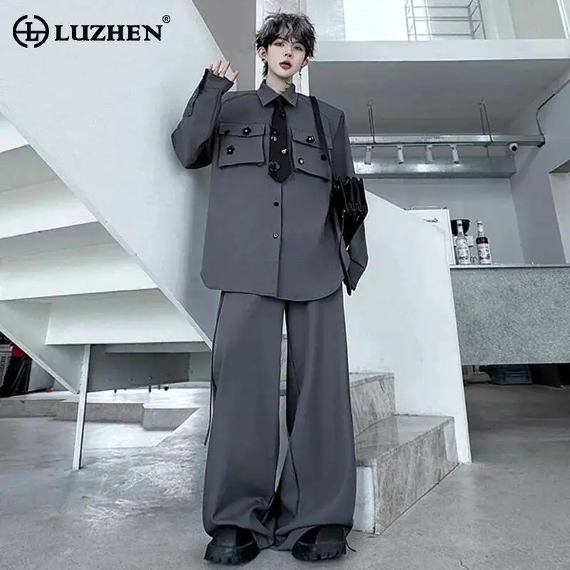 

LUZHEN Original Fashion Handsome Two-piece Sets Men's 2025 Autumn Pockets Patchwork Design Shirts Loose Casual Male Pants JY7069