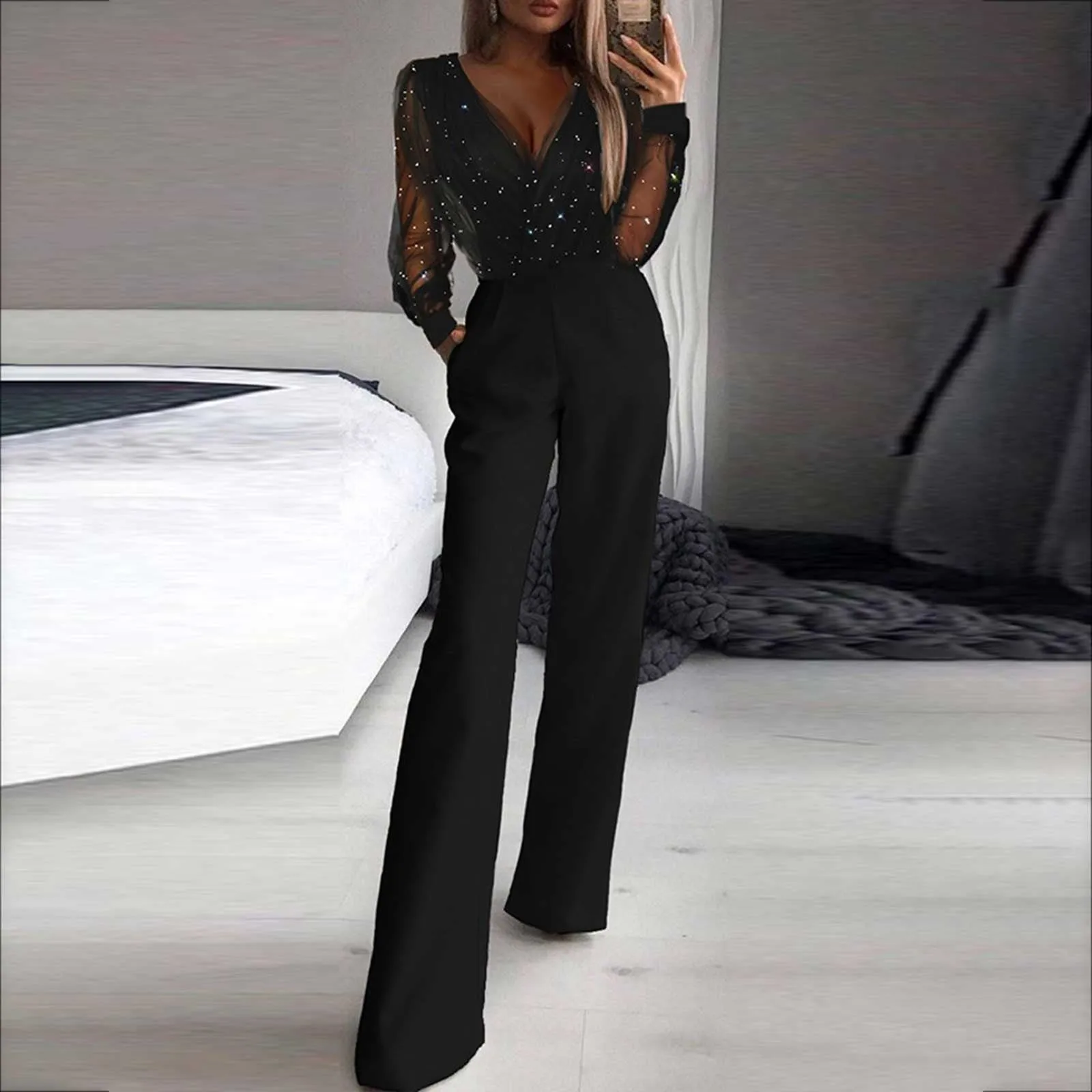 Wedding Jumpsuits for Women Fashion mesh Patchwork Sparkly Sequin Rompers elegant Temperament party clothing ladies боди женское