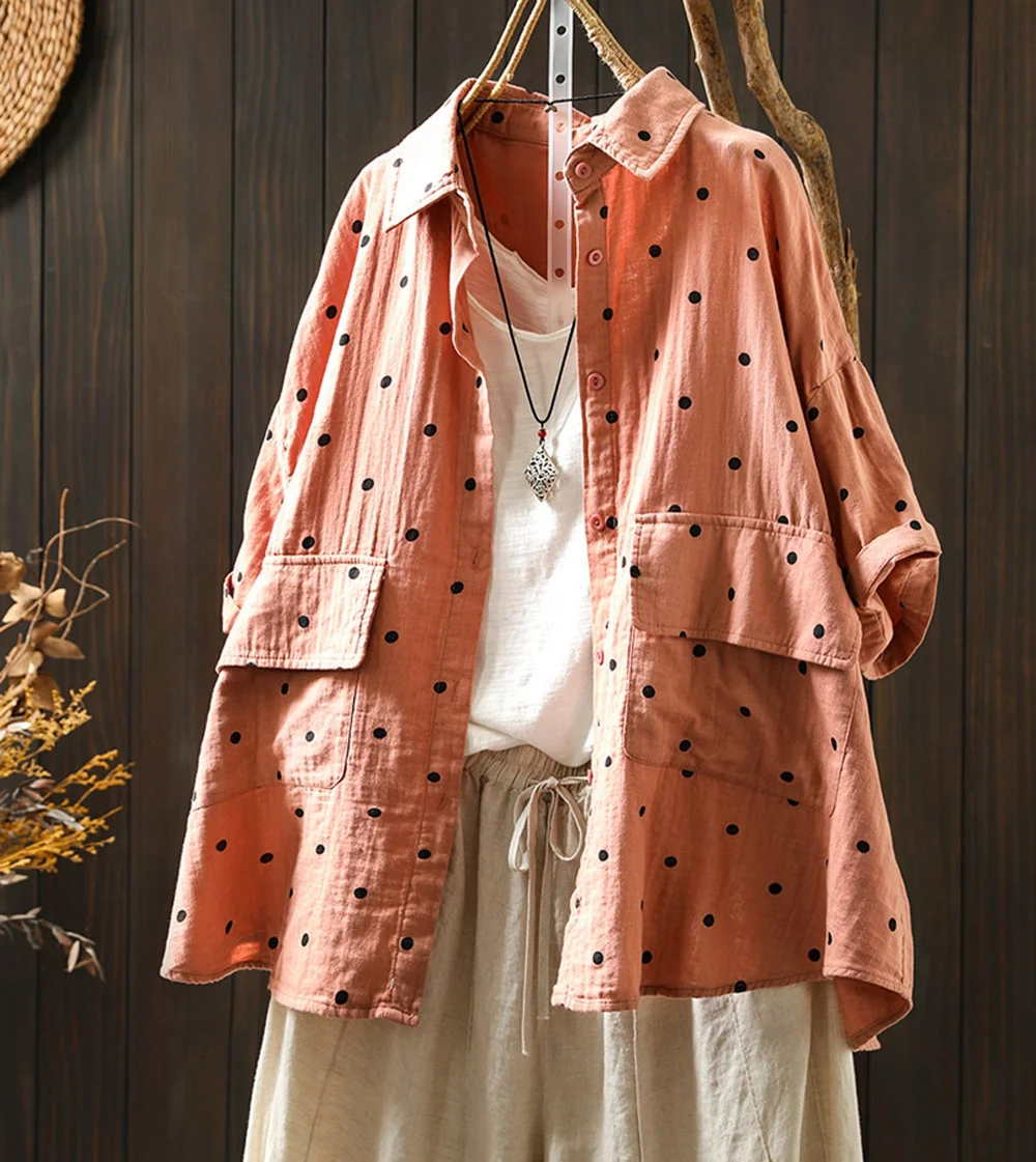 Two Layer 100% Cotton Yarn Polka Dots Shirts Women Turn Down Collar Dot Shirts Button Up Tops Korean Autumn Cardigan