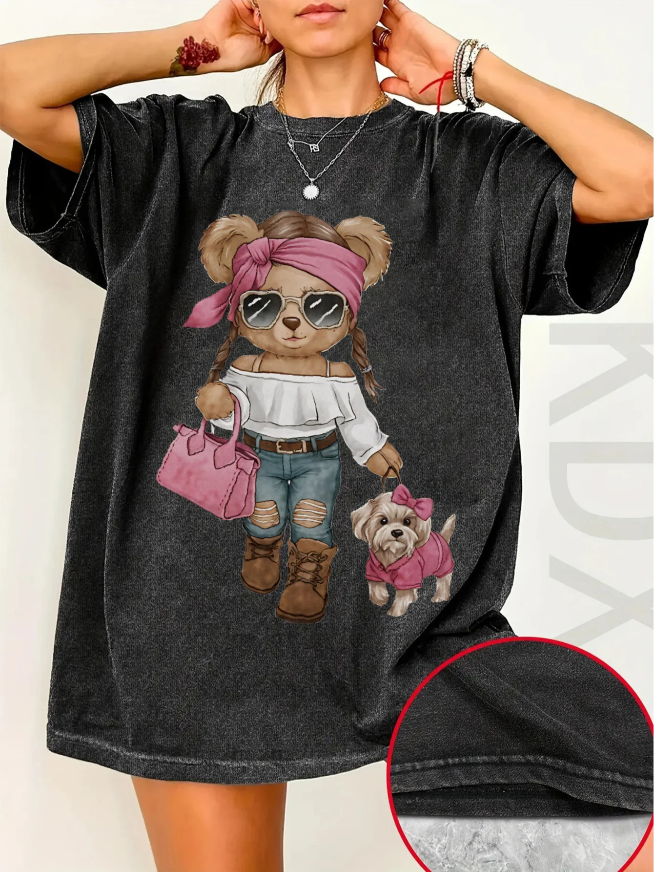 2026 Summer New Women's Fashion Little Bear Printed Short Sleeved Top with Casual Head Set, Street Y2k Fashion T-shirt Top
