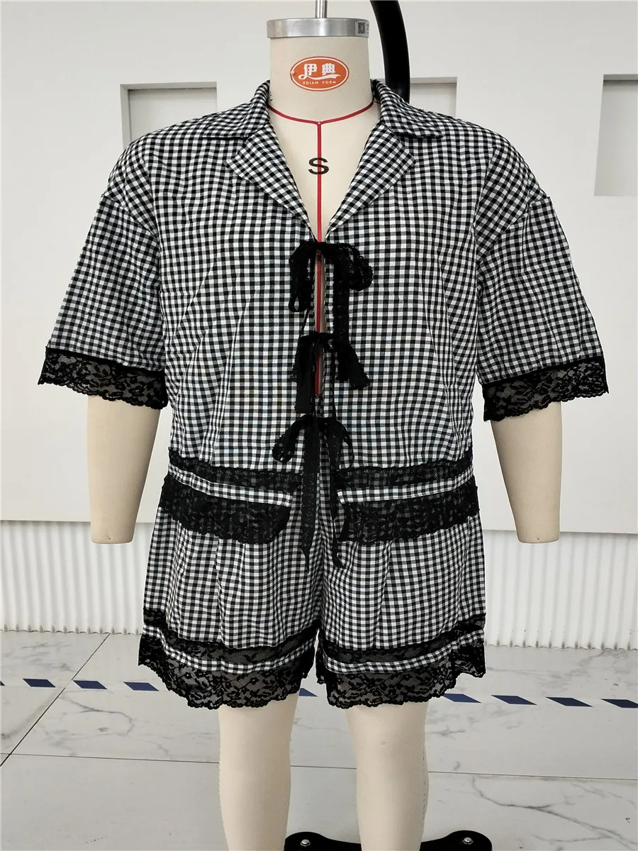 Women Summer Outfit Loose Casual Bow Tie Front Plaid Lace Trim Half Sleeve V Neck Tops with Wide Leg Shorts 2 Pcs Set Loungewear