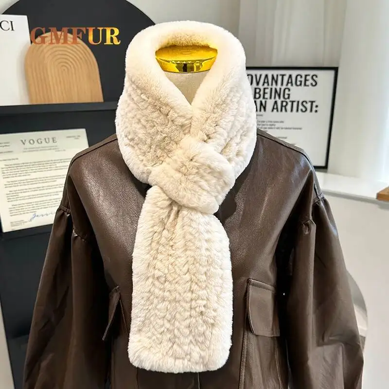 Women's Real Rex Rabbit Fur Scarf Plush Fashion Simple Warm Scarf Handmade Double Sided Thickened Versatile Fur Necklace Collar