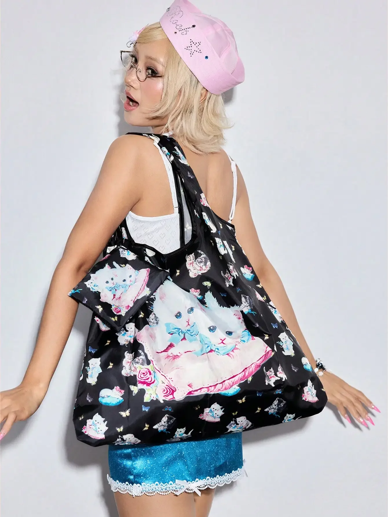 

Kawaii Fashionable All-Over Heart & Music Note Pattern Large Capacity Foldable Tote Bag With Coin Purse, Portable Shopping