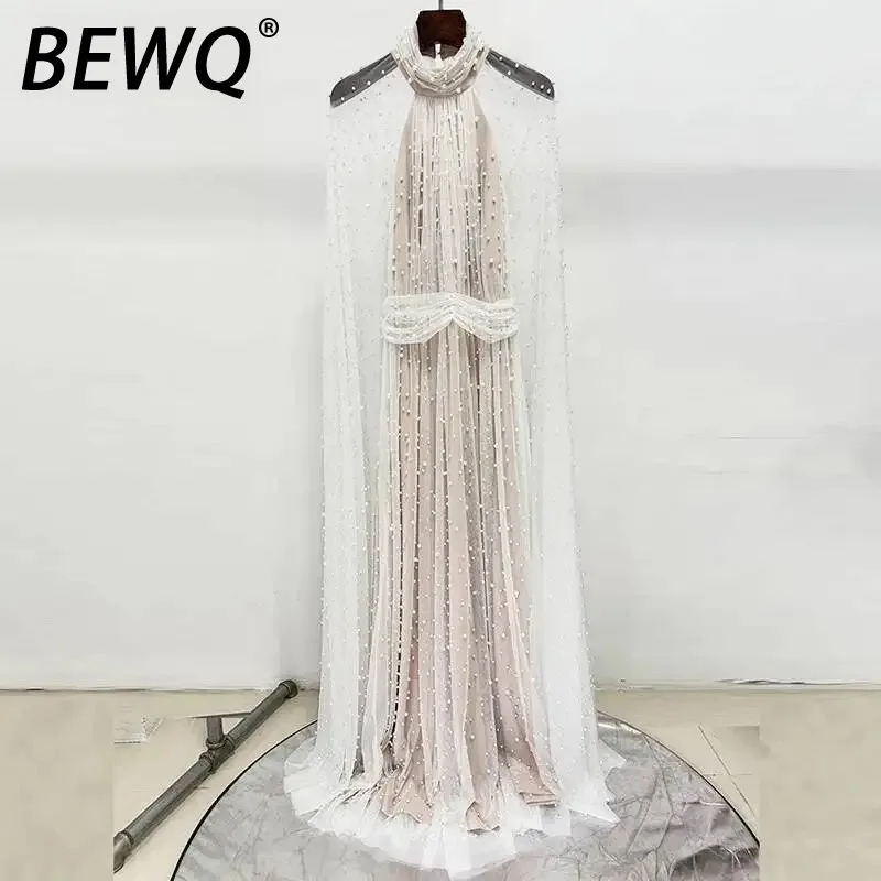 

BEWQ Design Elegant Halted Patchwork Beading Women's Gace Backless Party Dress 2025 Autumn New