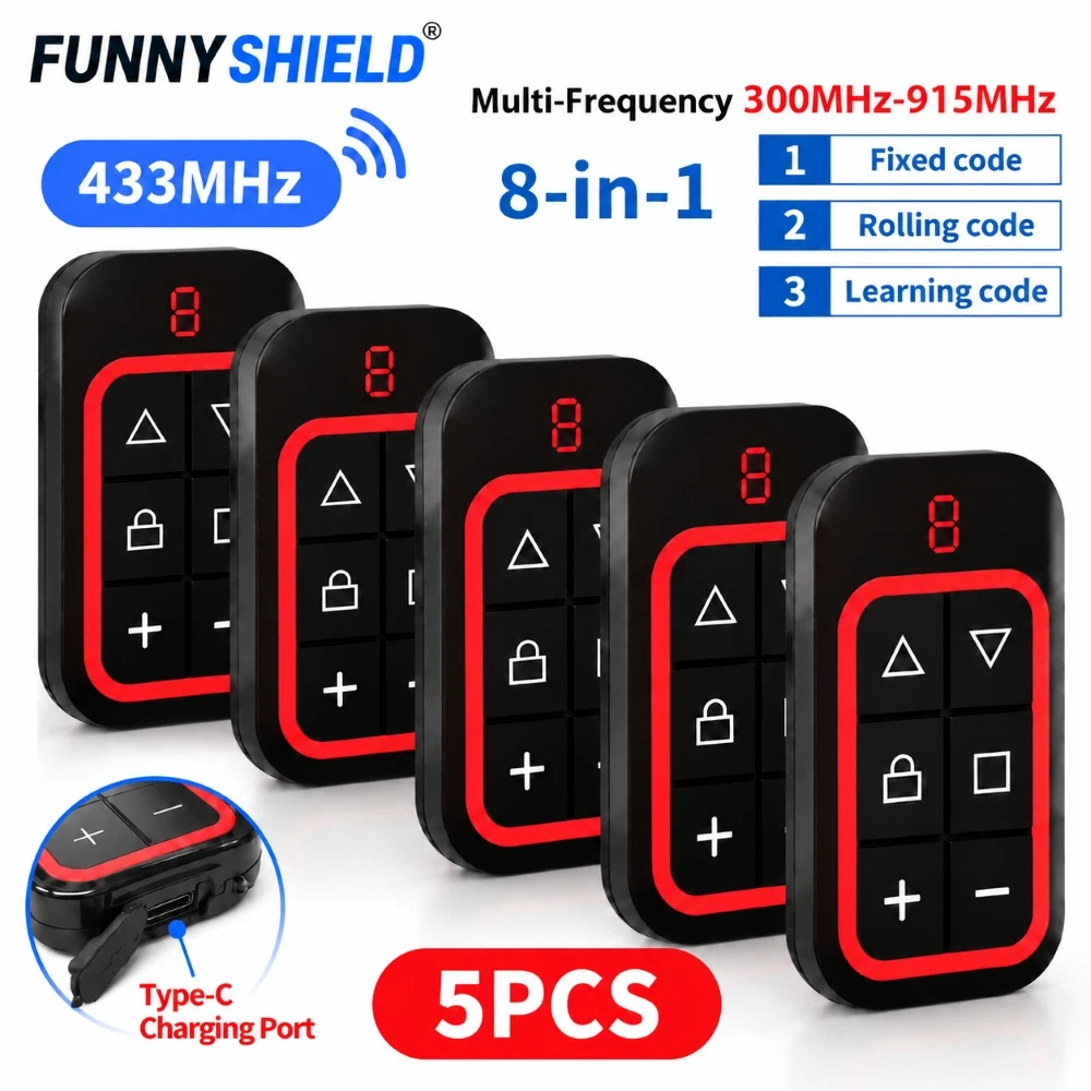FUNNYSHIELD 5PCS Garage Remote Control Gate Key Duplicator Clone Multi-frequency Garage Door Controller 8 Channels 300-915Mhz