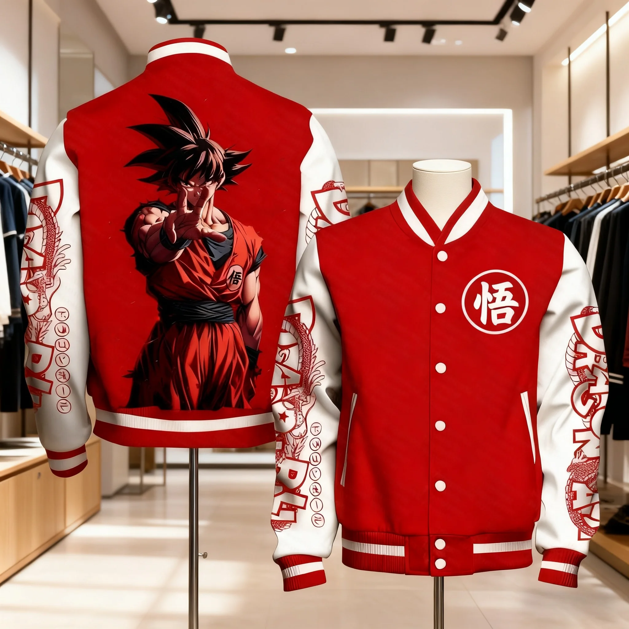 

Unisex Baseball Jacket with Goku Pointing Pose Back Print Red White Color Block Wu Kanji Chest Logo Dragon Ball Sleeve Patterns