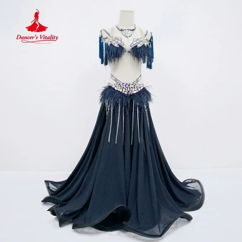 BellyDance Performance Costume Customized Luxury AB Stones Feather Tassel Set Adult and Child Oriental Dance Competition Outfit