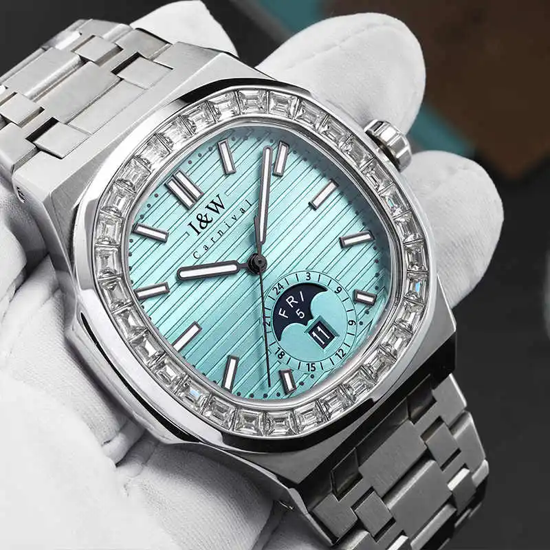 New SEIKO Movement Watches for Men Automatic Mechanical Watch Moon Phase Calendar Luminous Diamond Waterproof Relogios Masculino