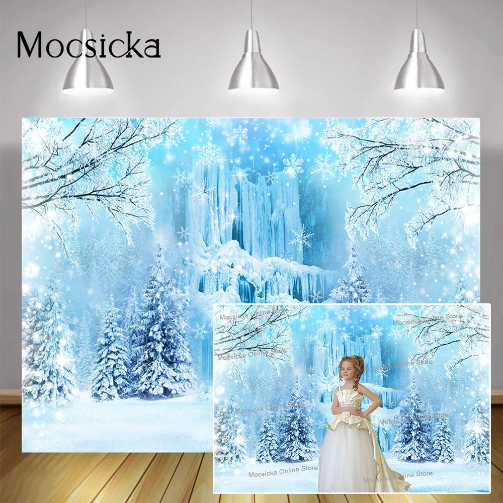 

Frozen Mountains Winter Pine Forest Background Snow Christmas Princess Kids Birthday Portrait Photography Backdrop Photo Studio