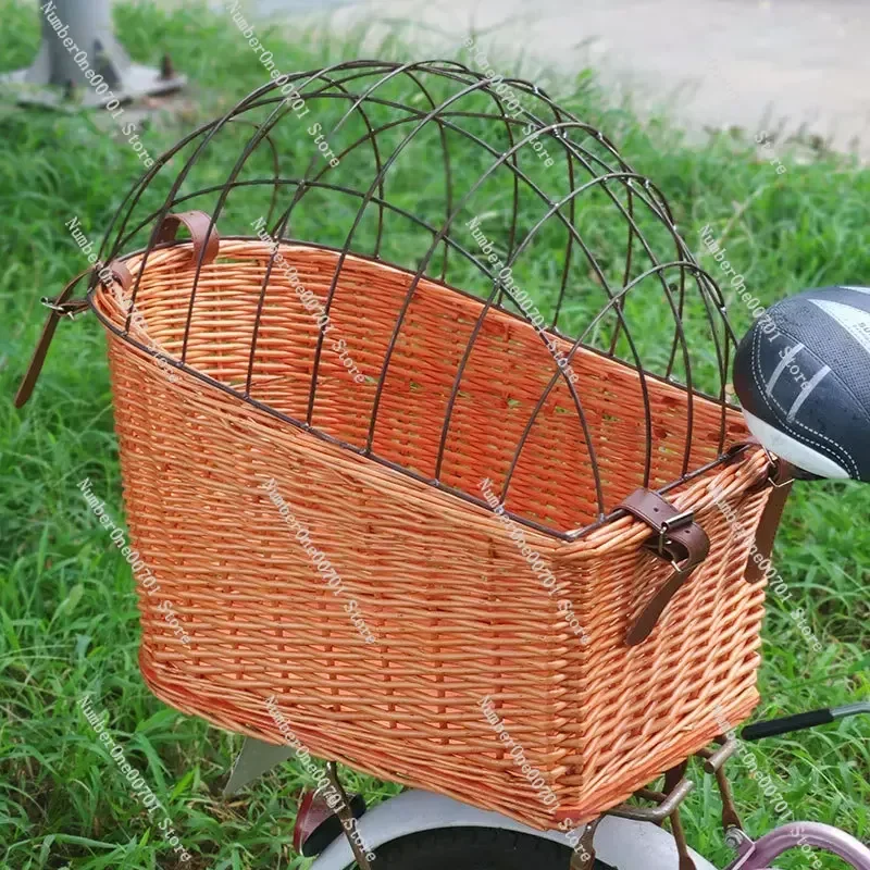 Bicycle pet cage car basket storage basket with iron cover dog cage storage basket rear frame woven