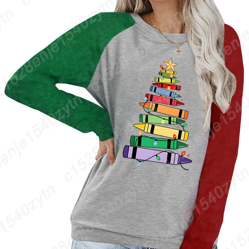 Women Long Sleeve Round Neck Shirt Christmas Light Teacher Crayon Tree Print Winter Soft Pullover Autumn Fashion Sweatshirt Tops