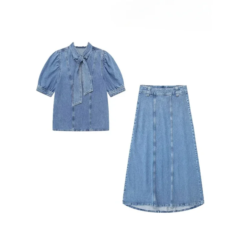 

Women's Summer Street Vintage Denim Suit Bow Tie Half Sleeve Shirt Two Piece High Waisted Denim Halter Skirt Women's Suit