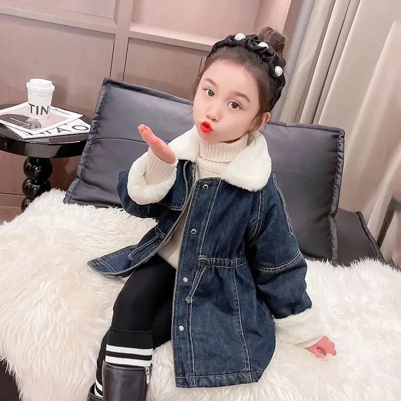 

Winter Warm Wool Denim Coats Girls 2023 Fashion Turn-Down Collar Jean Jacket Children Outdoor Plush Coat CH186