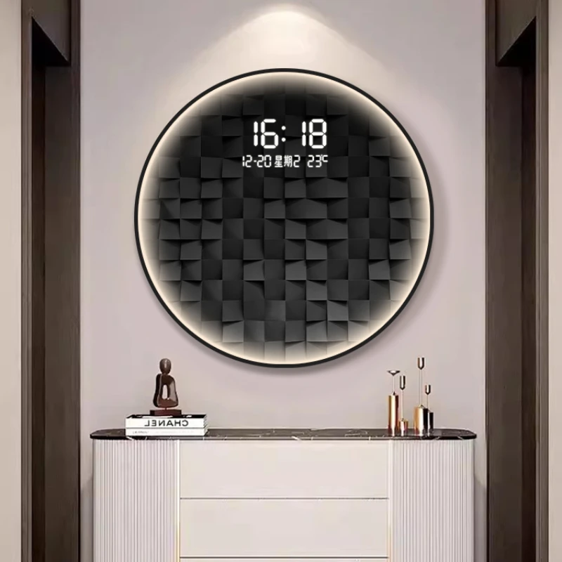 Light luxury gradient square living room decorative painting with LED wall clock restaurant creative light hanging picture clock