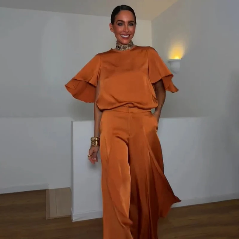 Women Satin 2 Piece Outfit Round Neck Flutter Short Sleeve Blazer Top High Waist Wide Leg Pants Elegant Party Daily Matching Set view 2