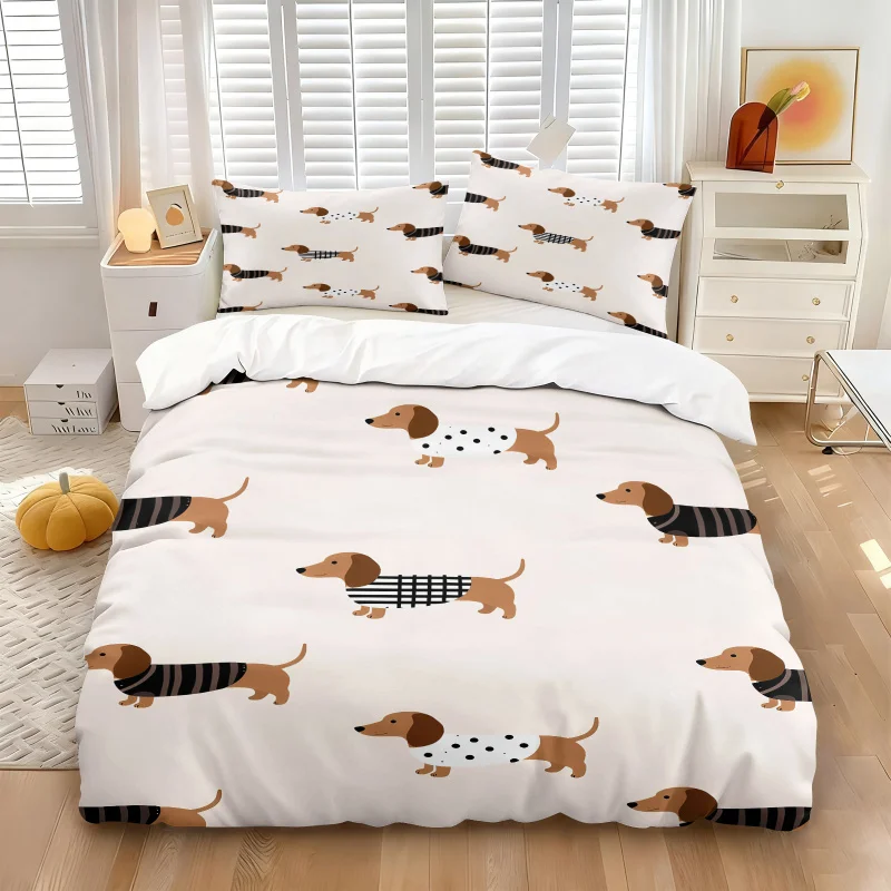 Cartoon Dachshund Bedding Set Soft Coreless Duvet Cover Set Twin Queen Size Duvet Cover With Pillowcase Bed Set For Kids Bedroom