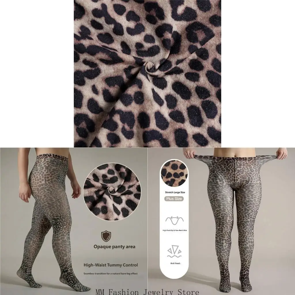 Women Large Size Semi Opaque Leopard Print Stockings Tights High Waist Pantyhose D0UB