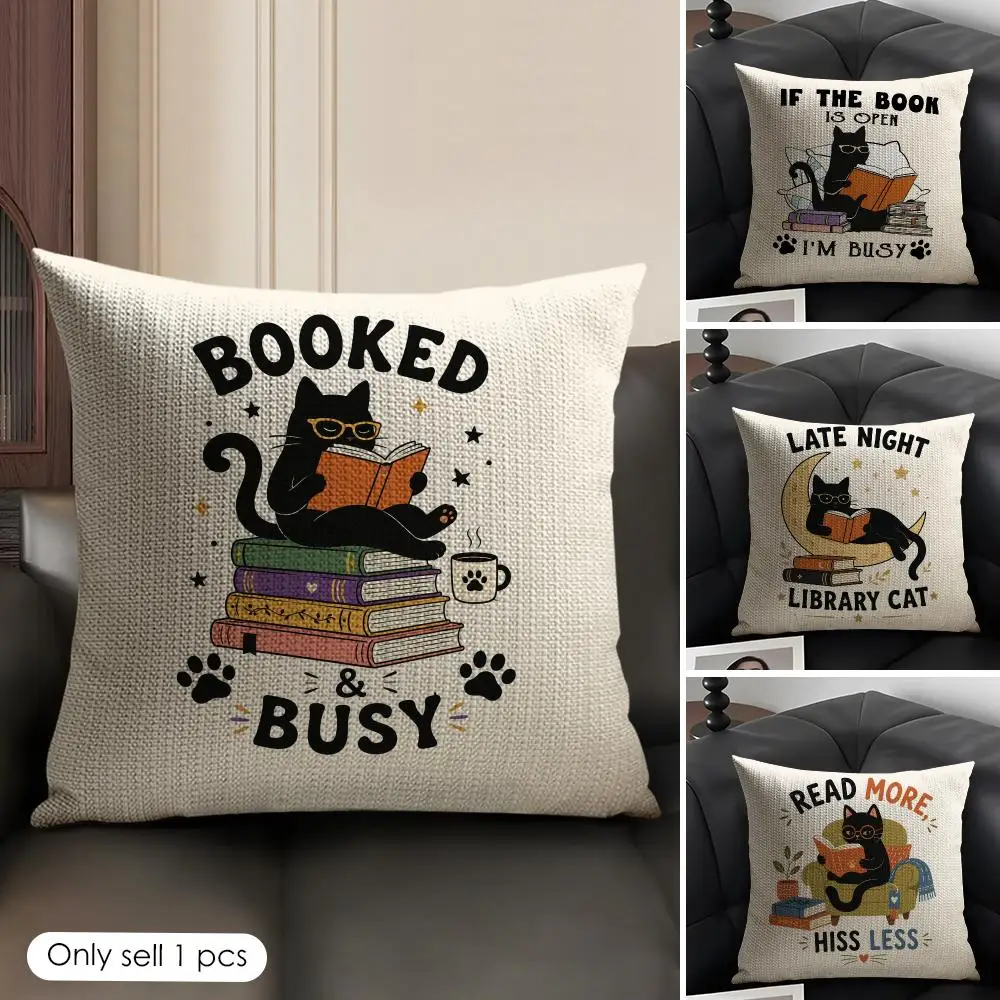 Cats and Books Cushion Cover Linen Organic Fabric Double-Sided Printing Sofa Breathable Home Decor Gift Pillow Case