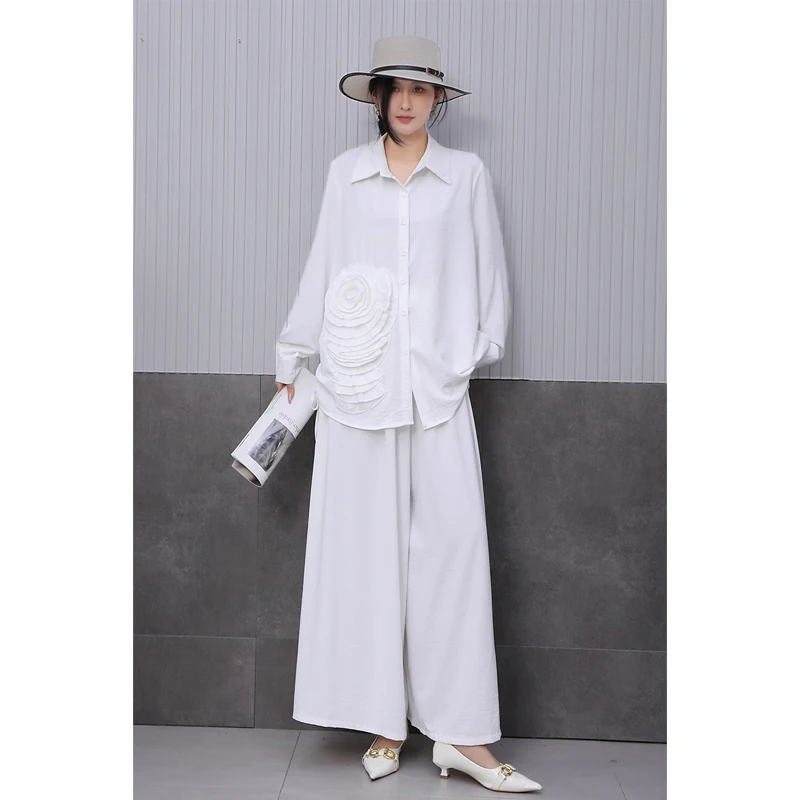 

2025 Spring New Women's Pleated Flower Long Sleeved Shirt Wide Leg Pants Two-piece Loose Set костюм женский Pant Suits кардиган