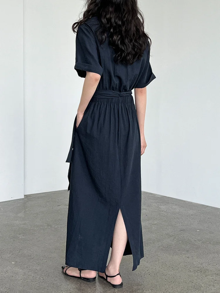 Elegant Summer Short Sleeve Cross Tie Waist A-Line Dress Women's Fashion Slimming High Waist Commute Korean Style Dress
