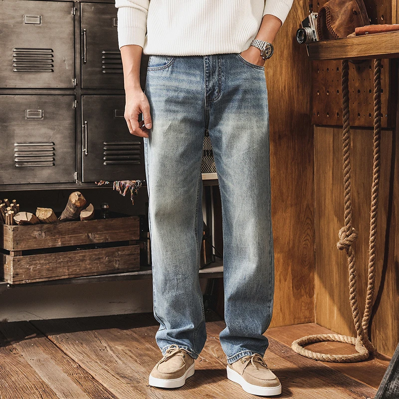 Men's Casual Straight Jeans New Arrival 2026 Autumn American Retro Streetwear Light Washed Male Denim Pants N1014