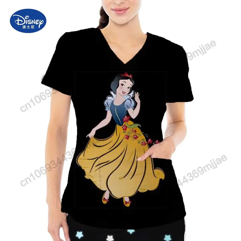 

V-neck Cartoon Women's T-shirts Fashion Pocket Design Tops Summer Clothes