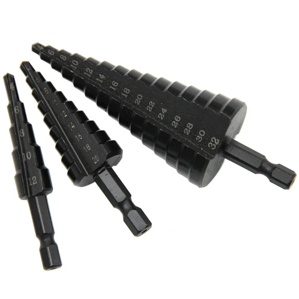 3-teiliger Stufenbohrer, HSS-Sechskantschaft, gerade Nut, schwarzer Stufenbohrer, 3–12/4–12/4–20/4–32 mm, Reibturm-Bohrwerkzeug-Set – Detail 4