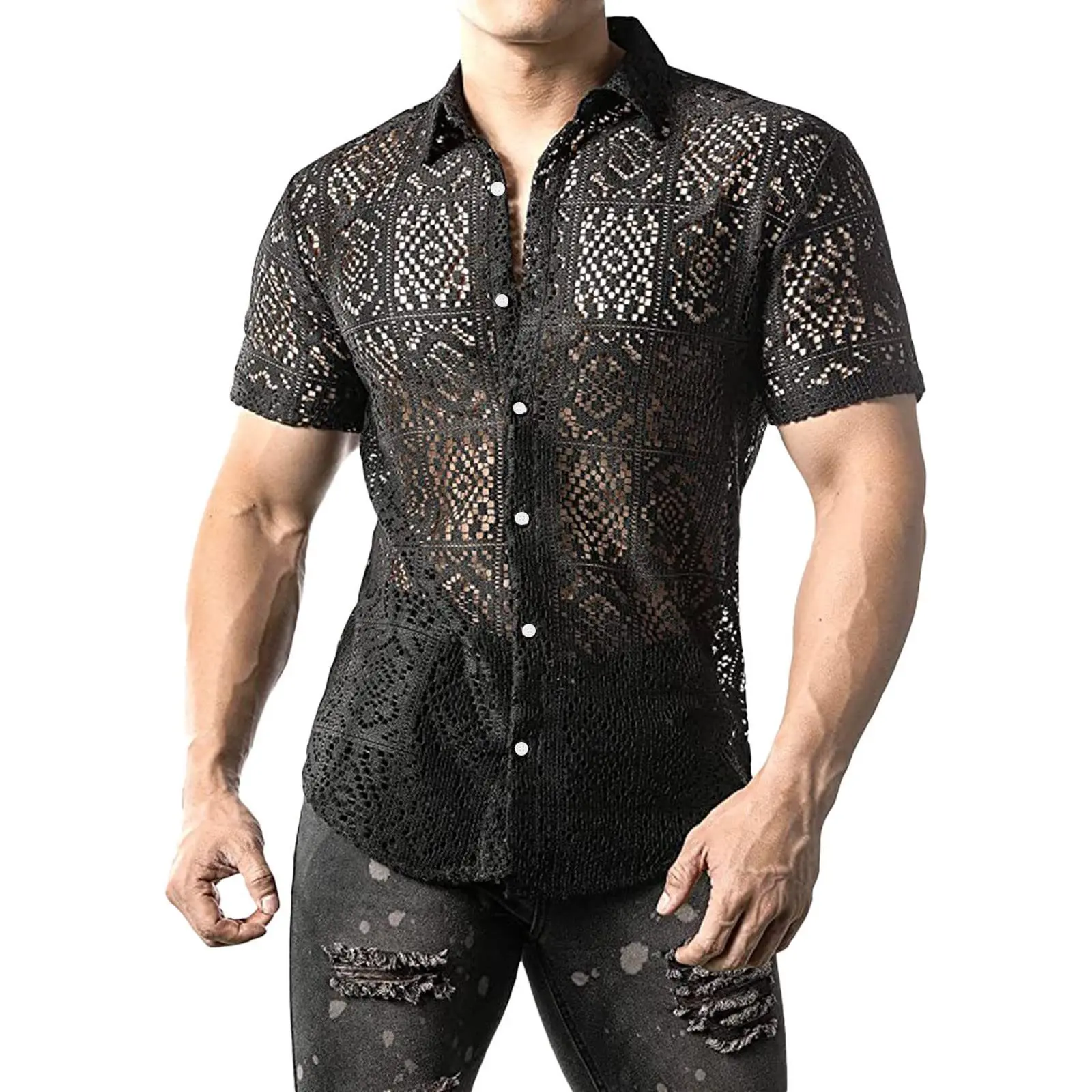 Mens Shirt Summer New Fashion Lace Short Sleeve Loose Casual T-shirt for Men