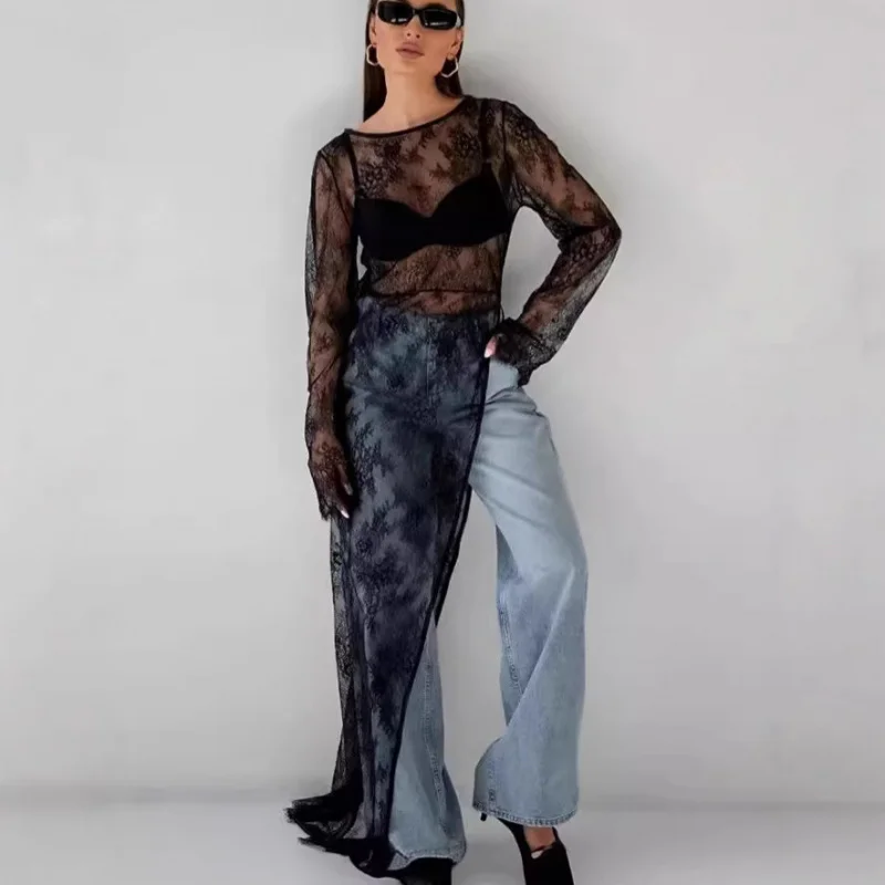 TOY-Nuovo abito diviso in pizzo trasparente con senso del design, copricostume a maniche lunghe con scollo tondo per i pendolari estivi e autunnali