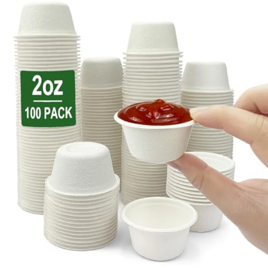 2 oz Disposable Bagasse Fiber Souffle Cups 100pk, 100% Biodegradable Compostable Condiment Cups Sample Cup Tasting Cup,Pack of