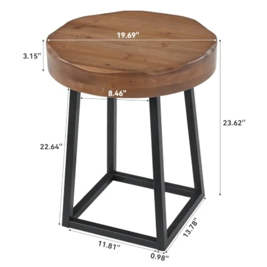 Solid Wood Round Side Table, Live Edge End Table with Metal Base