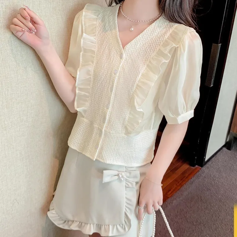 Temperament Korean Summer Solid V-neck Women's Ruffles Puff Sleeve Single Breasted Fashion Short Sleeve Loose Chiffon Shirt Tops