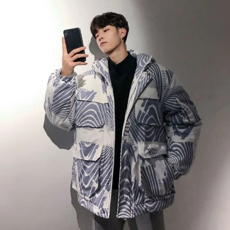 ​Men's Winter Cotton Jacket 2025 Hong Kong Style Couples Parka with Blue White Floral Design Warm Oversized Outdoor Clothing​