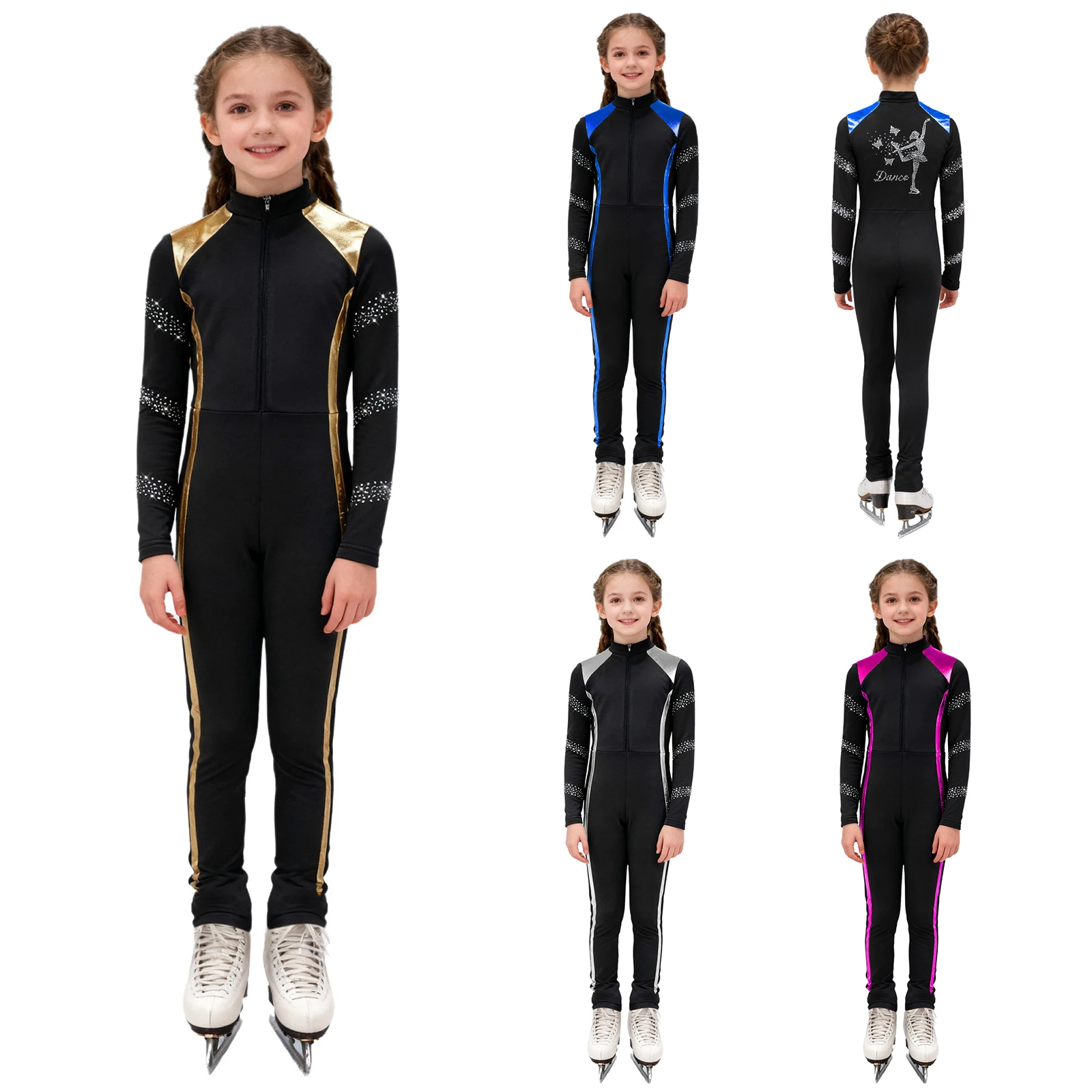 Kids Girls Rhinestones Figure Ice Skating Performance Costume Long Sleeve Zip-Up Jumpsuit Gymnastics Workout Training Bodysuit