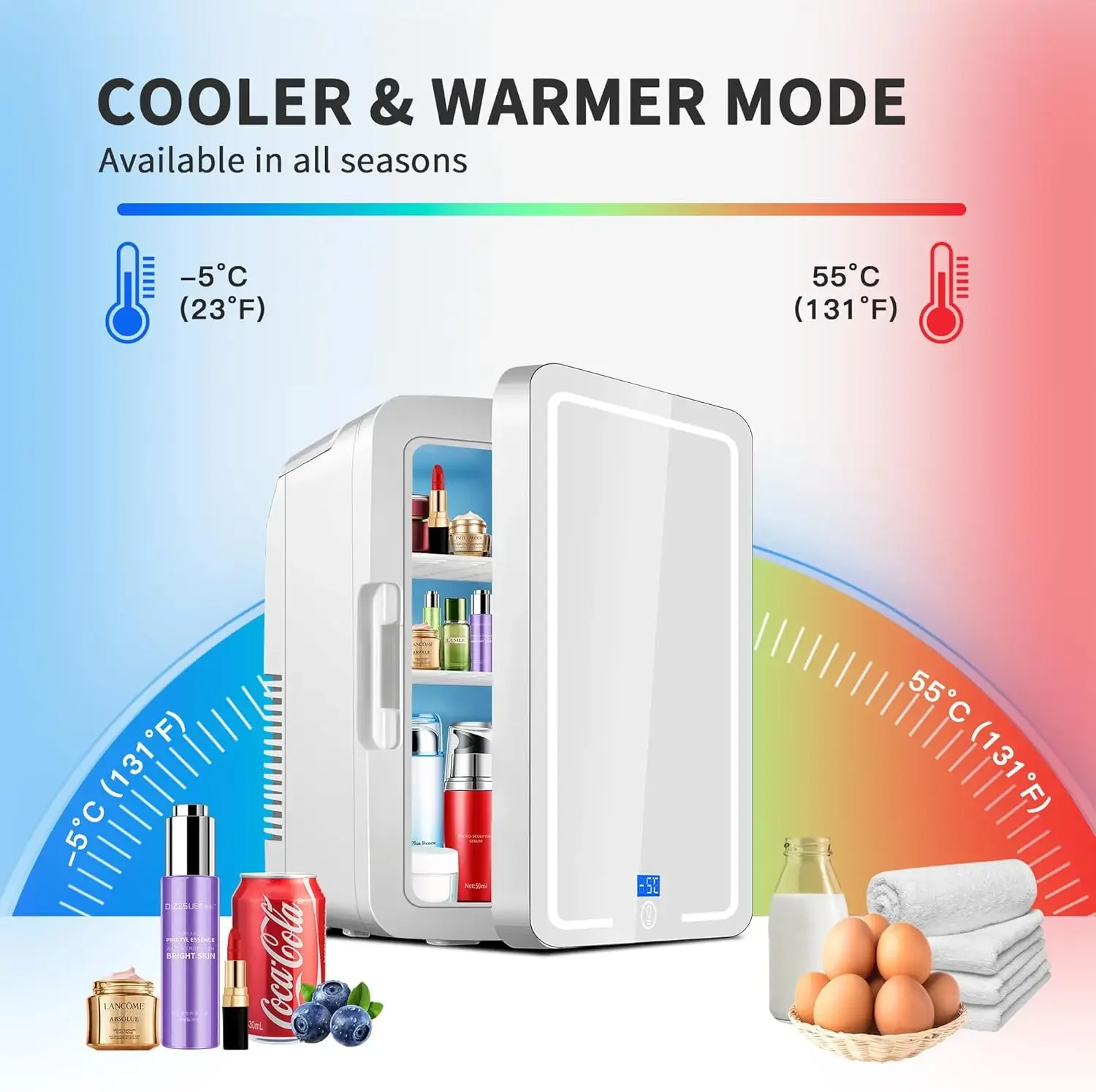 コンパクトなミニメイク冷蔵庫,スキンケア冷蔵庫,調光可能なライトミラー,デジタルディスプレイ,クーラー,ウォーマー,小型,12リットル